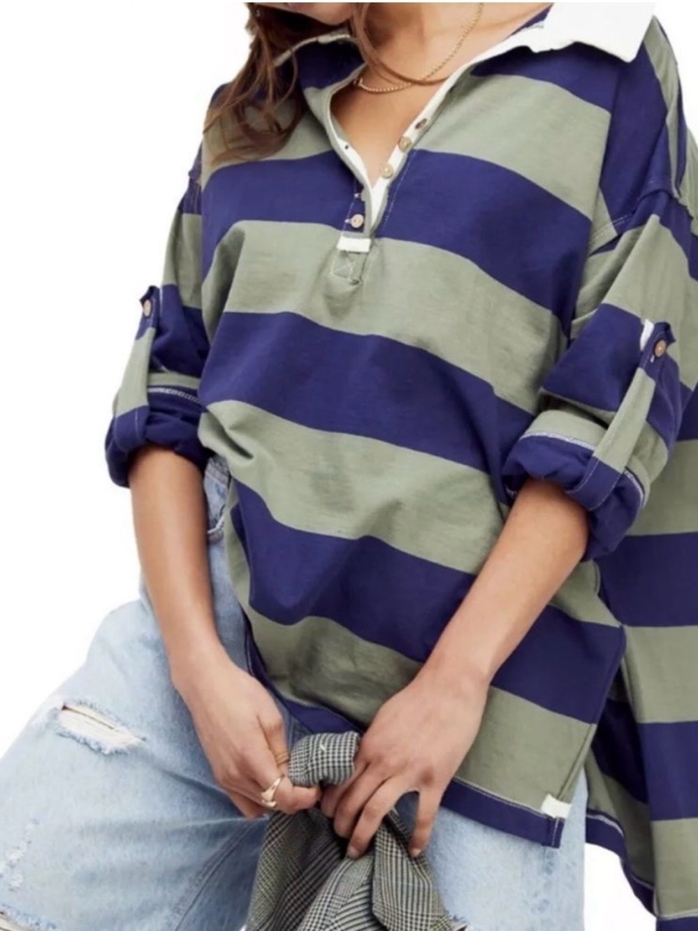 Free People Oversized Rugby Stripe Top in Navy & Olive